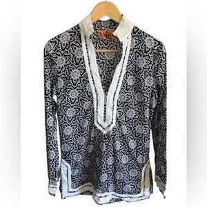 Tory Burch Damask Floral Print Cotton Tunic Top Contrast Trim Black White size 6